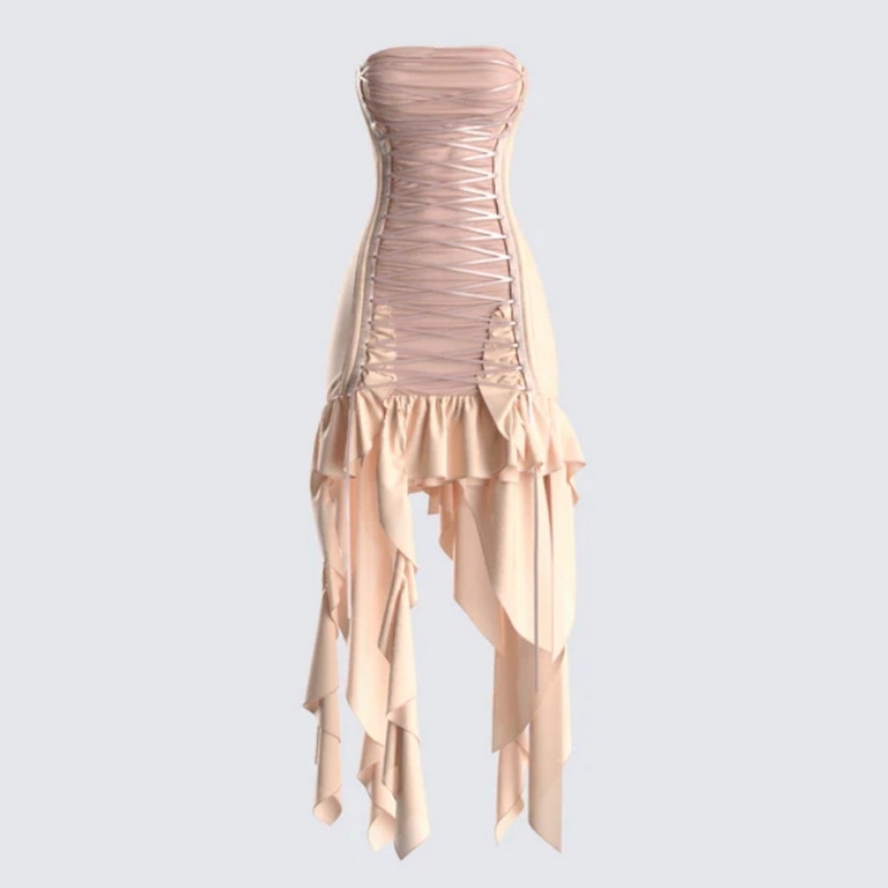 Manon Beige Chiffon Lace Up Dress